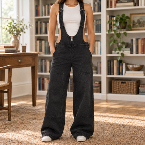 The Avery | Women's Wide-Leg Denim Overalls in Black