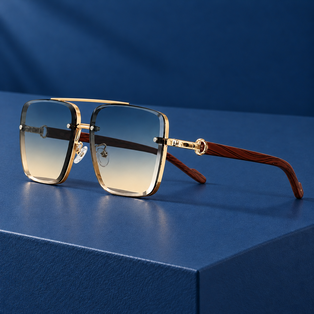 The Bel Air | Rimless Wood-Temple Sunglasses in Gold Blue Tan