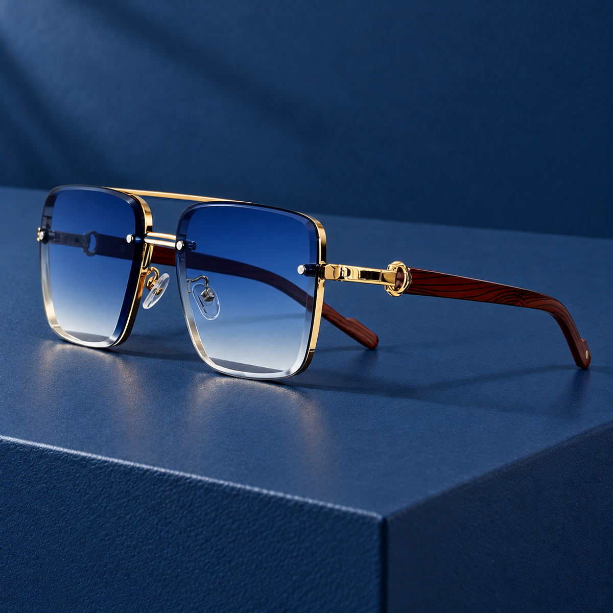 The Bel Air | Rimless Wood-Temple Sunglasses in Gold Blue