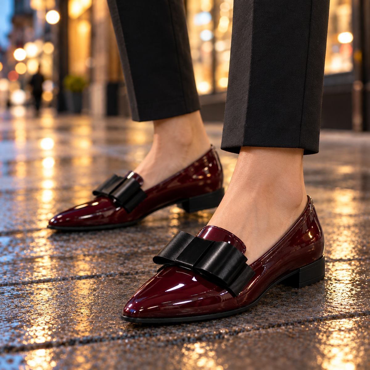 The Belladonna | Women's Patent Bow Loafers in Wine Red