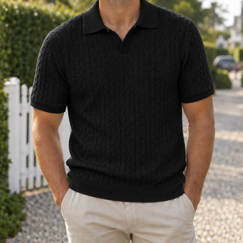 The Belvento | Jacquard Knit Polo in Black