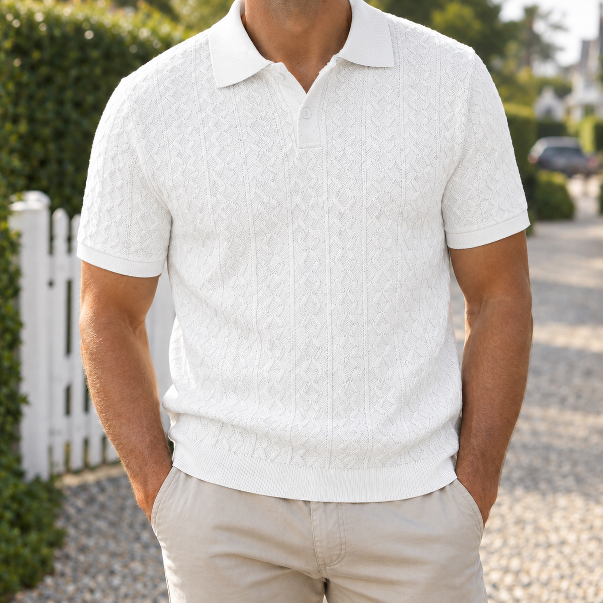 The Belvento | Jacquard Knit Polo in White