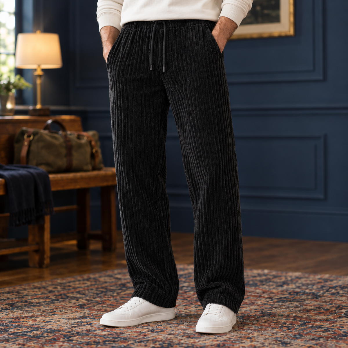 The Claud | Wide-Wale Corduroy Drawstring Pants in Black
