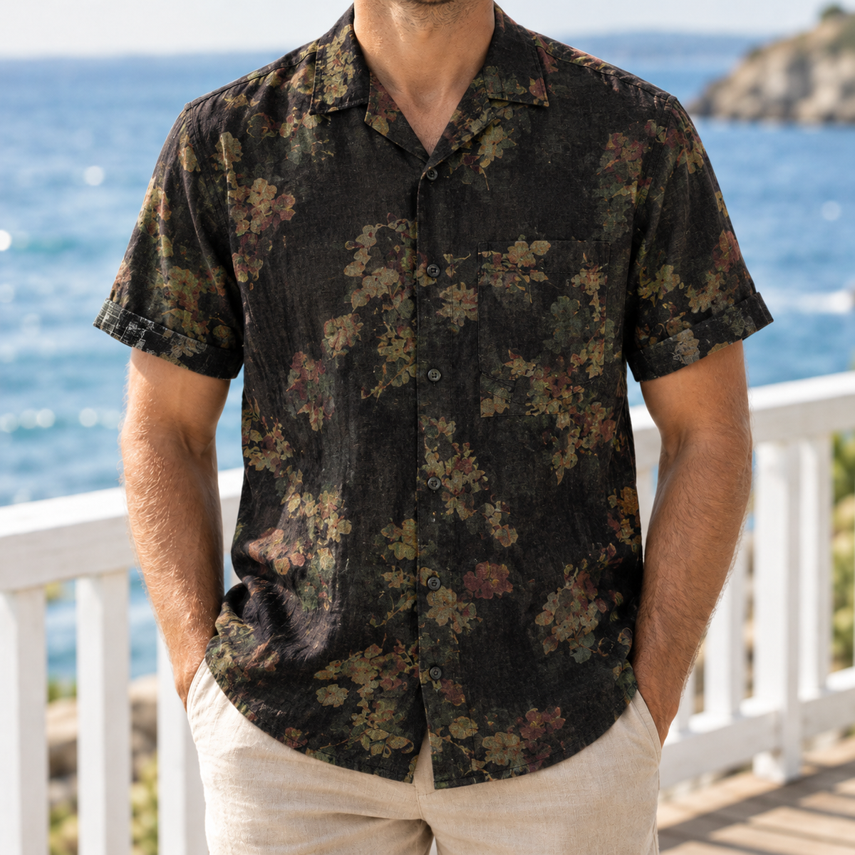 The Dusk | Dark Floral Short-Sleeve Shirt in Charcoal Olive