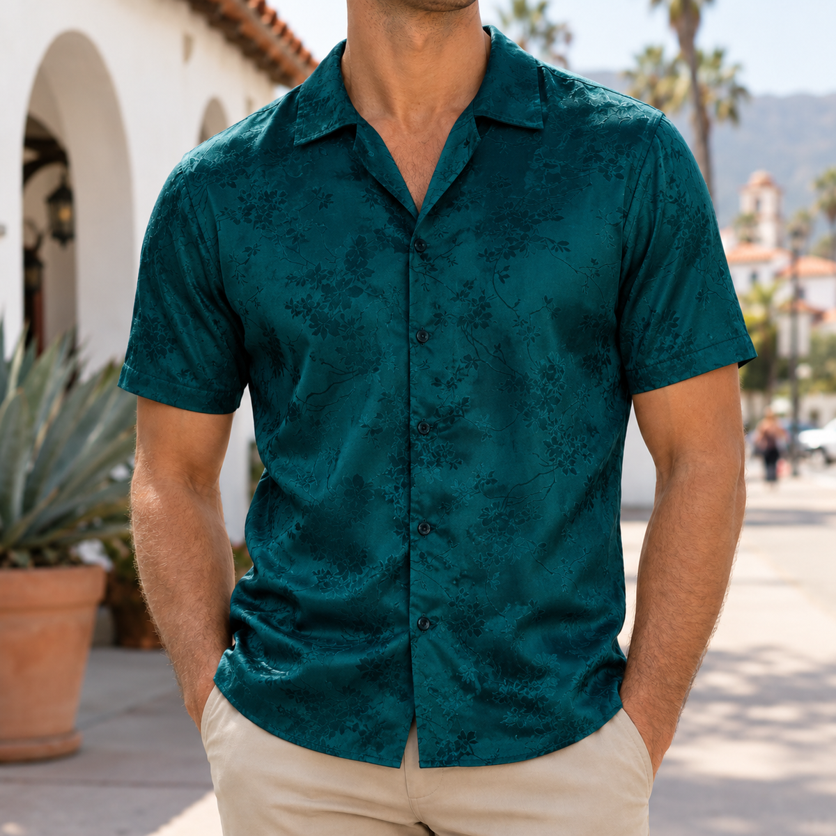 The Midnight | Floral Jacquard Short-Sleeve Shirt in Green