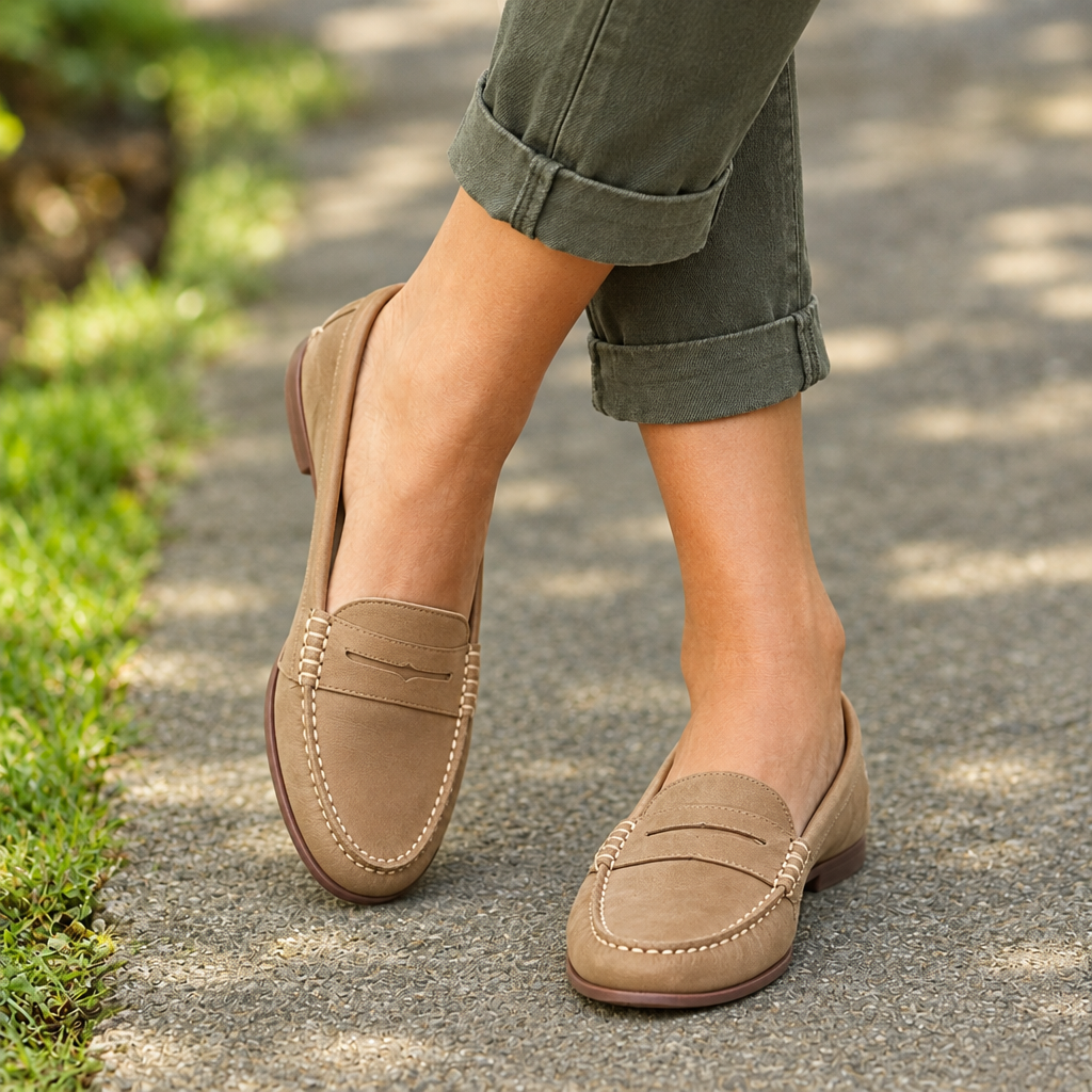 The Noelle | Women's Leather Penny Loafers in Khaki