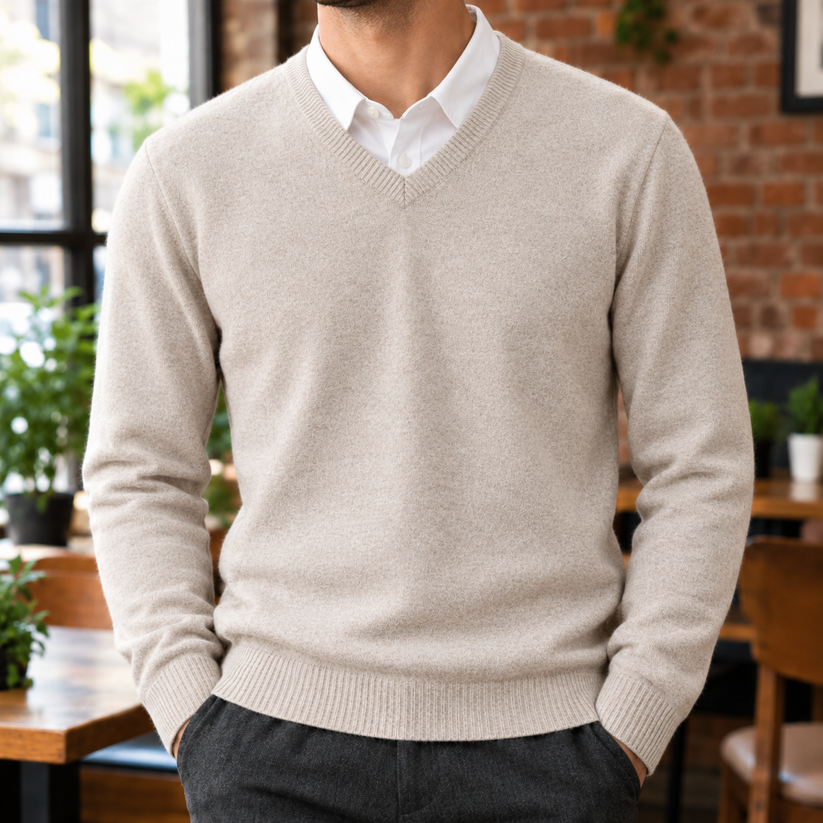 The Olympia | Merino-Blend V-Neck Sweater in Beige