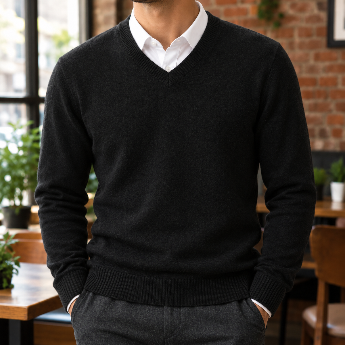 The Olympia | Merino-Blend V-Neck Sweater in Black