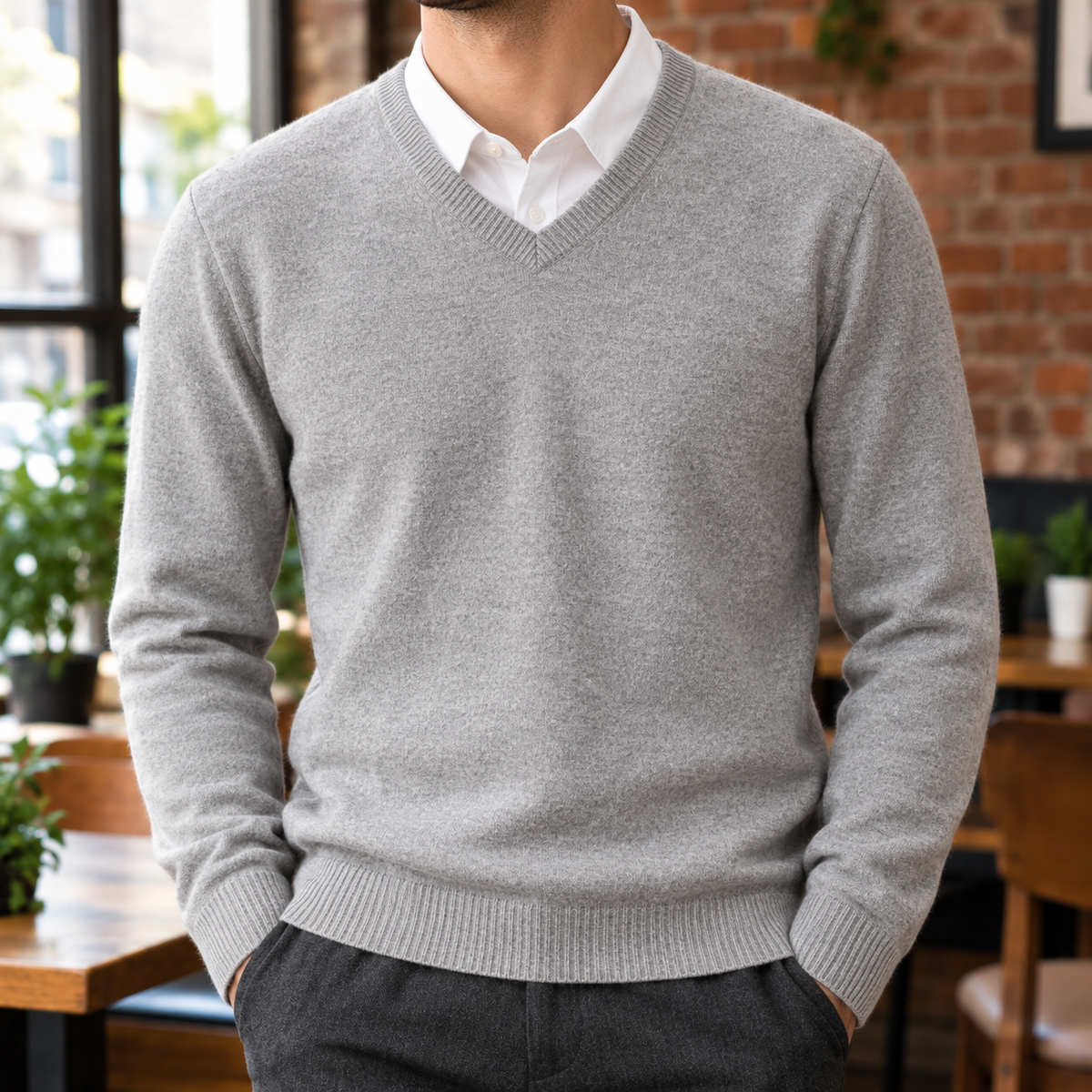 The Olympia | Merino-Blend V-Neck Sweater in Gray