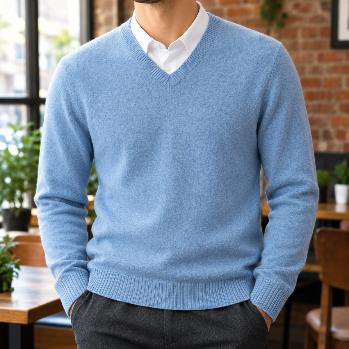 The Olympia | Merino-Blend V-Neck Sweater in Sky Blue