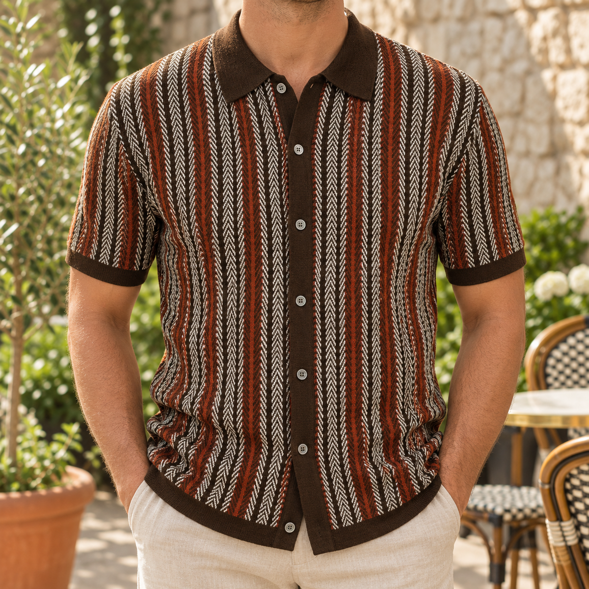 The Palmer | Striped Knit Button-Through Polo in Brown