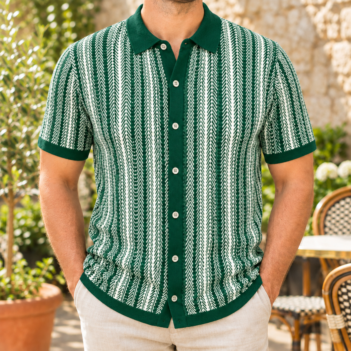 The Palmer | Striped Knit Button-Through Polo in Forest Green