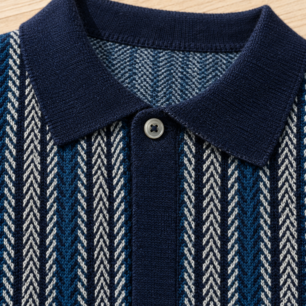 The Palmer | Striped Knit Button-Through Polo material close-up