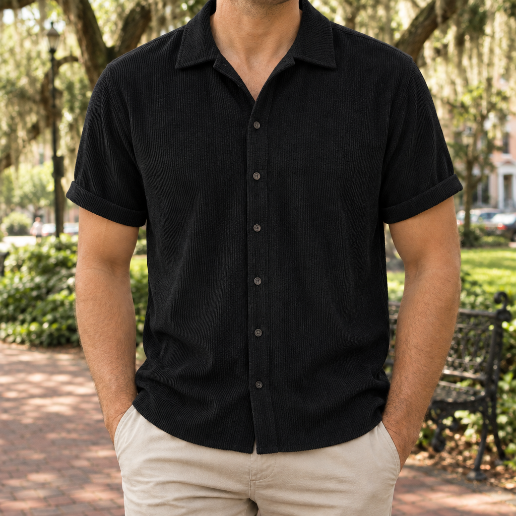 The Rowan | Corduroy Short-Sleeve Shirt in Black