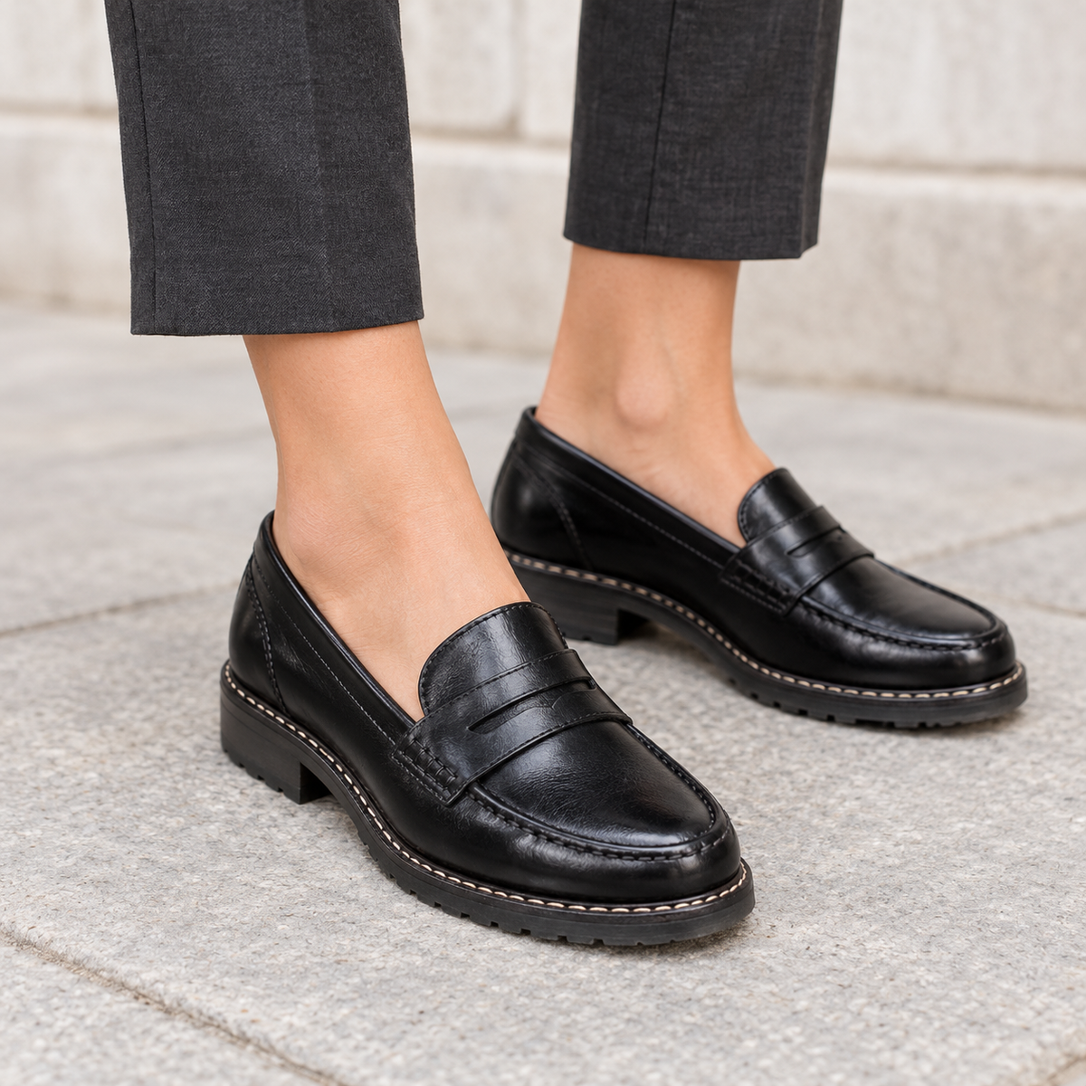 The Valetta | Women's Stitched Leather Loafers in Black
