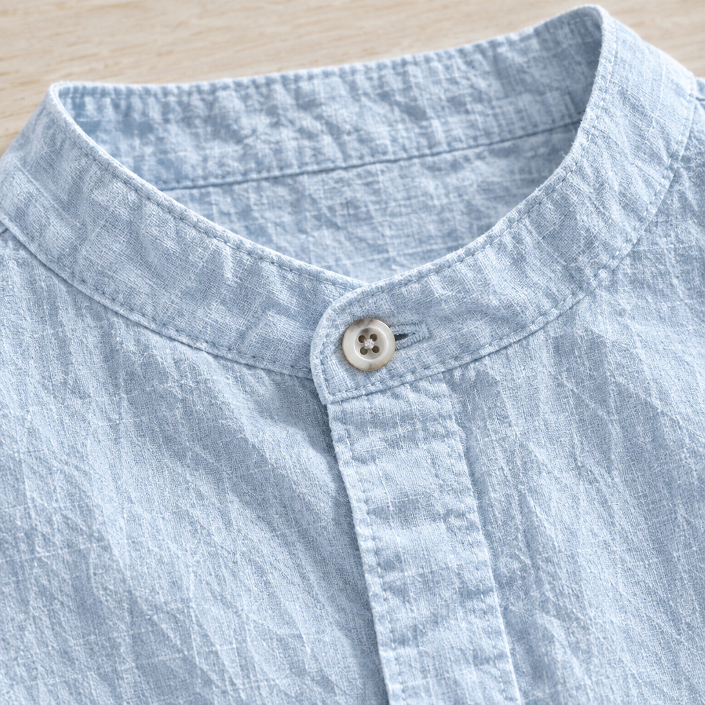 The Weston | Cotton-Linen Band Collar Shirt material close-up